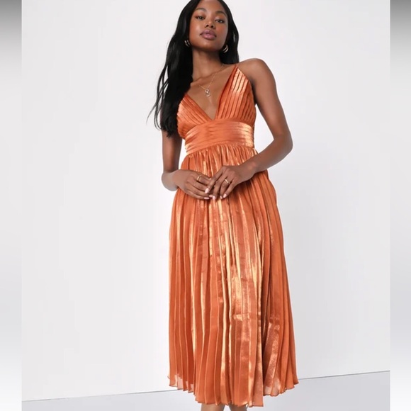 Lulus Romantic Aesthetic Shiny Rust Orange Pleated Midi Dress - Picture 2 of 3